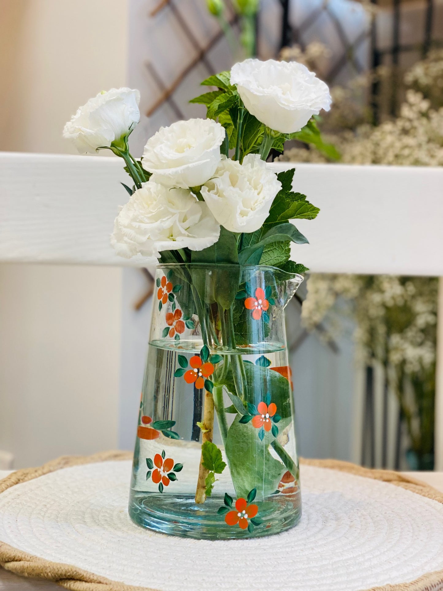 Carafe/Vase Verre - Fleurs oranges